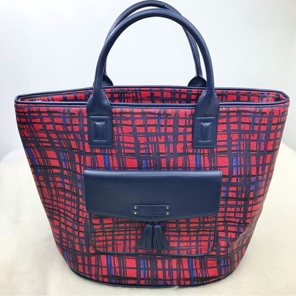 Very Bradley Red Blue Linear Graphic Double Handle Like New Travel Tote - Picture 1 of 16